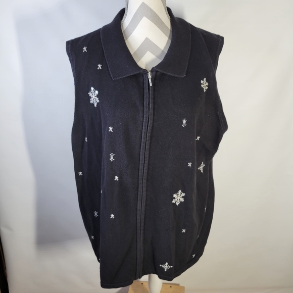 Allison Daley Black Sweater Vest Embroidered Snowflakes Zip Front Size 3X Winter - Picture 1 of 9